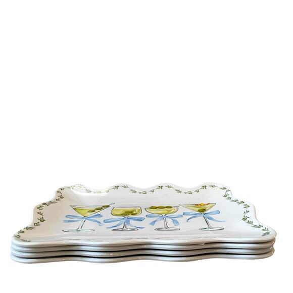 Rachel Zoe Cocktails & Bows Melamine Appetizer Plates 9x6 Set of 4 Scalloped NEW - Picture 4 of 14